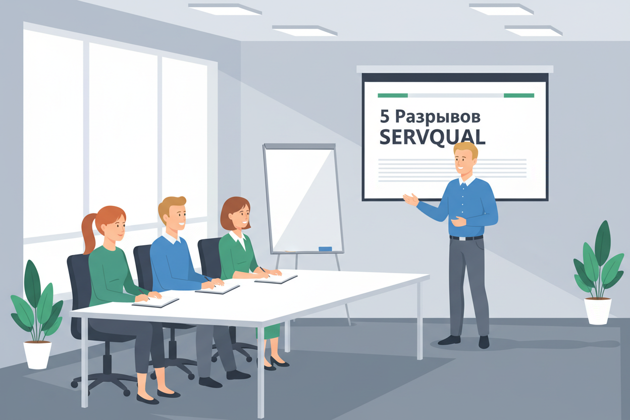 Тренер показывает разрывы в модели SERVQUAL на корпоративном обучении
