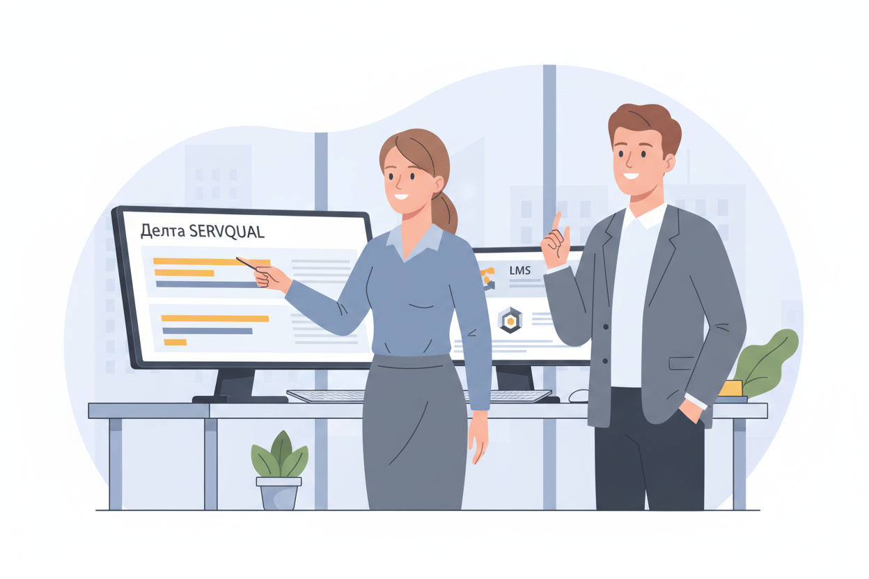 Аналитик HR демонстрирует результаты опроса SERVQUAL на дашборде