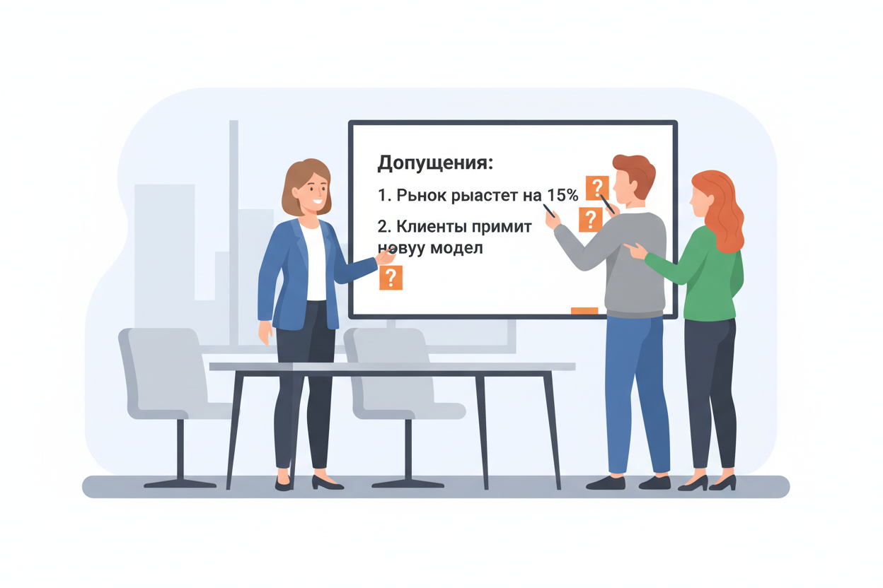 Фасилитатор и команда проверяют допущения стратегического решения на сессии