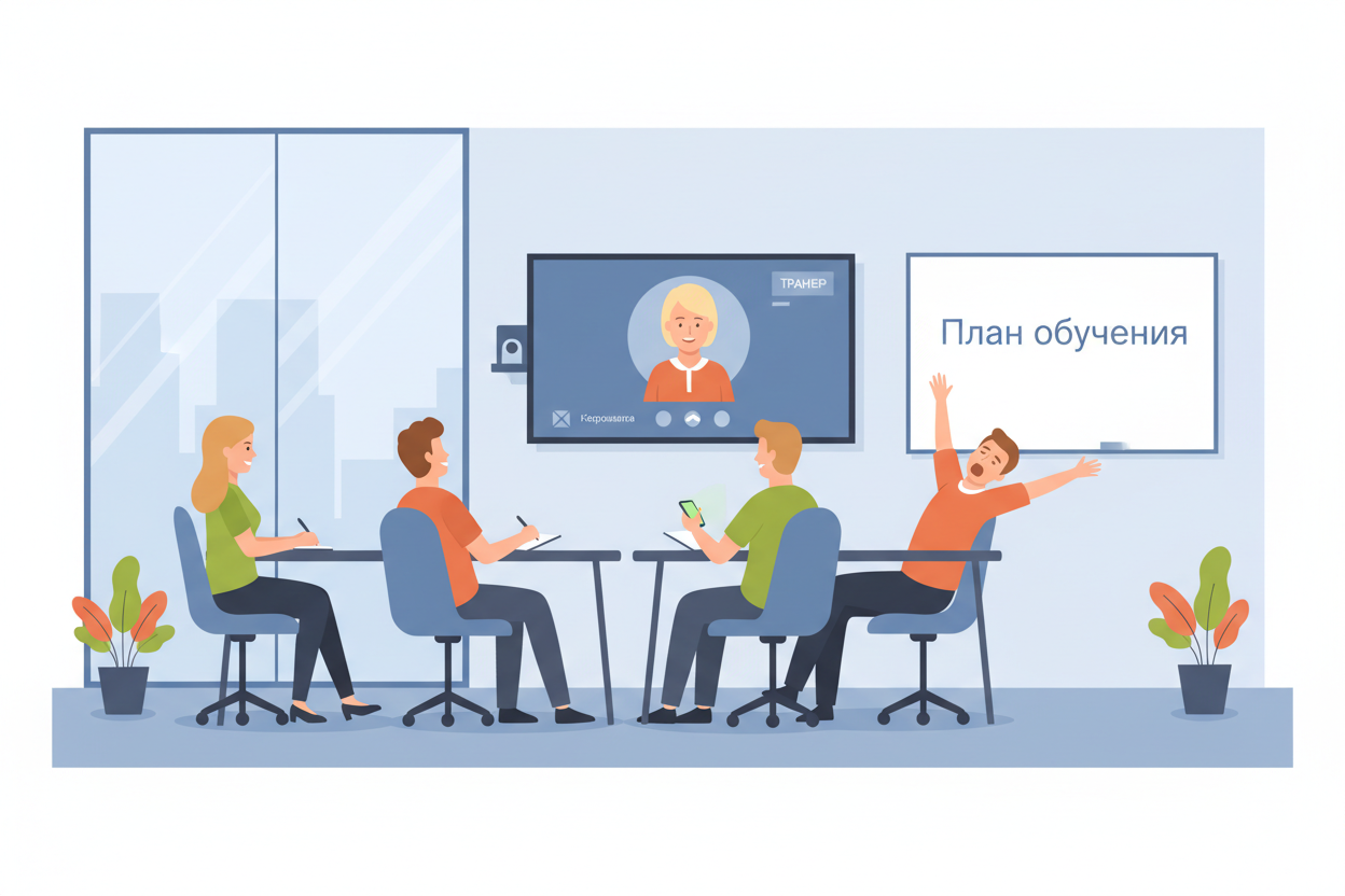 Групповой онлайн-тренинг в офисе: кто-то слушает, кто-то отвлекается
