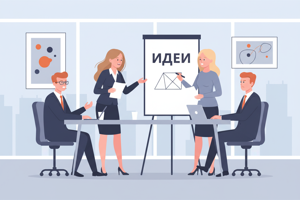 Как из «разношёрстной команды» сделать главный актив бизнеса 1 Четыре сотрудника с разным опытом обсуждают идею в переговорной, на доске текст «Идеи».