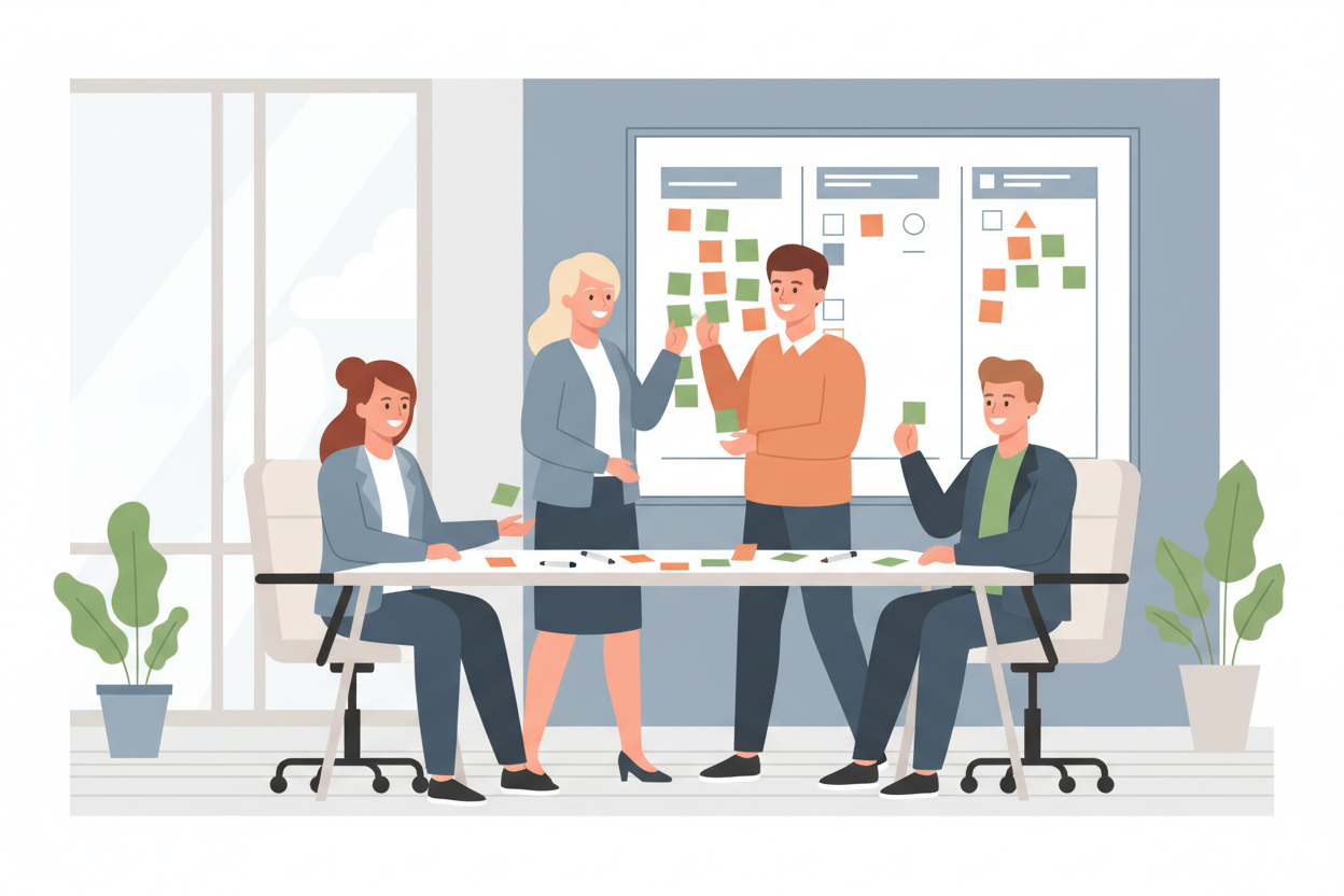 Команда на воркшопе клеит стикеры на общую Kanban-доску.