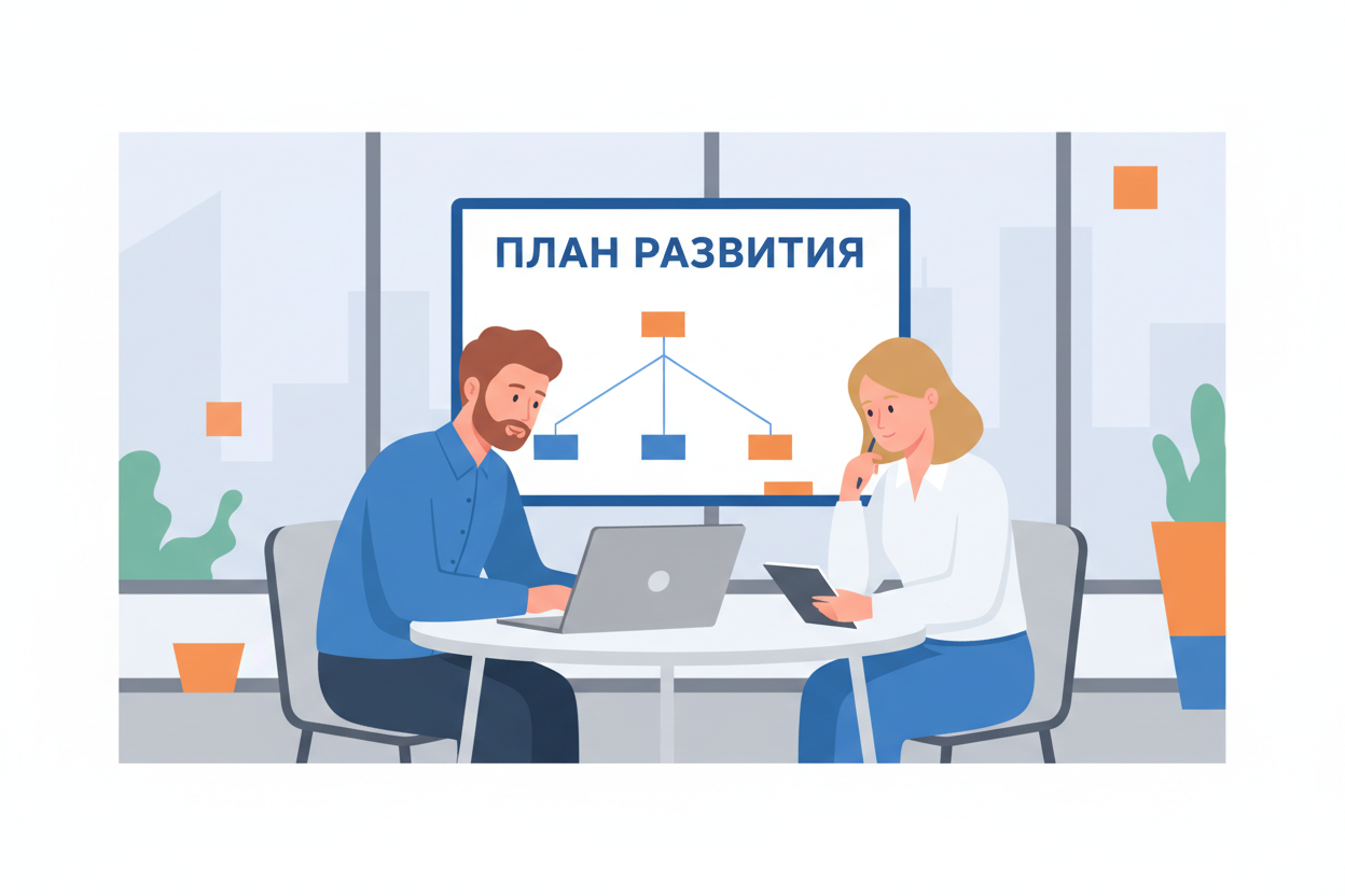Наставник и стажёр обсуждают план развития в офисе