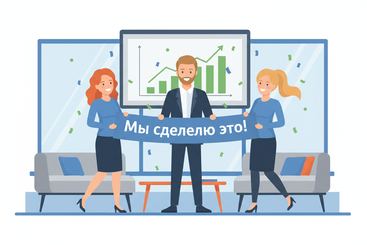 Команда празднует успех социального проекта в офисе