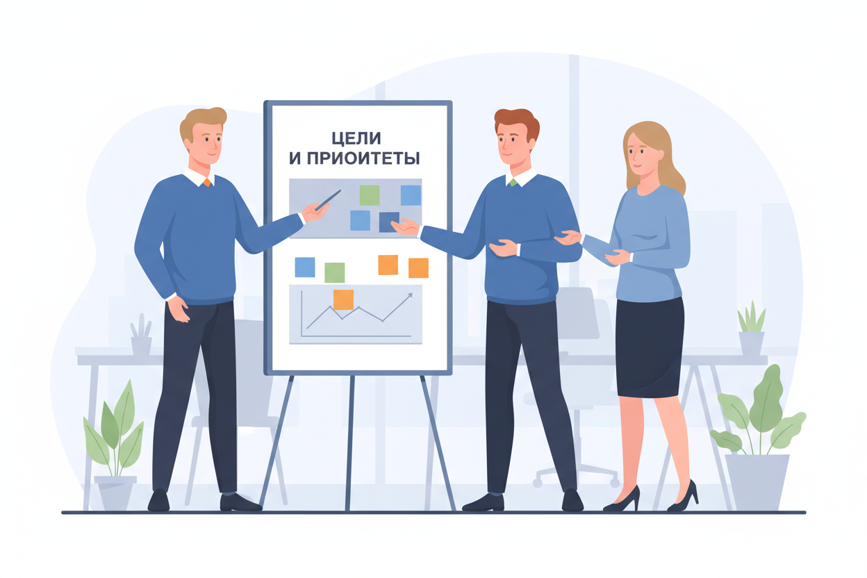 Команда обсуждает цели и приоритеты на встрече