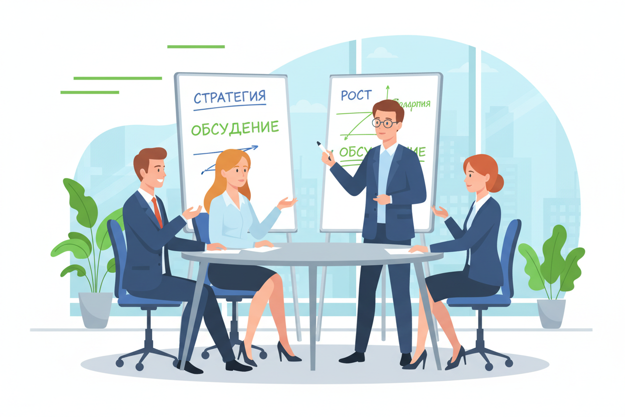 Фасилитатор управляет живой дискуссией команды на стратегической сессии.