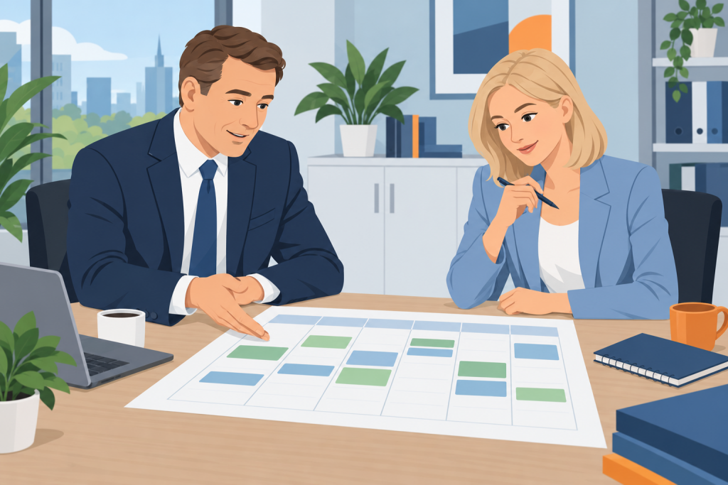 Руководитель и сотрудник обсуждают график и рабочие договоренности