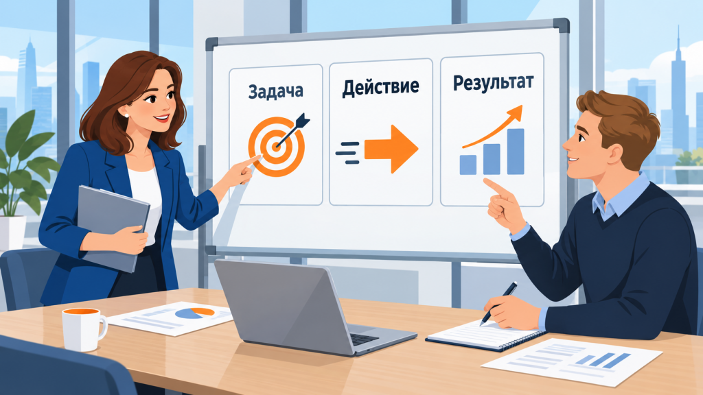 Руководитель и сотрудник разбирают результат рабочего эксперимента