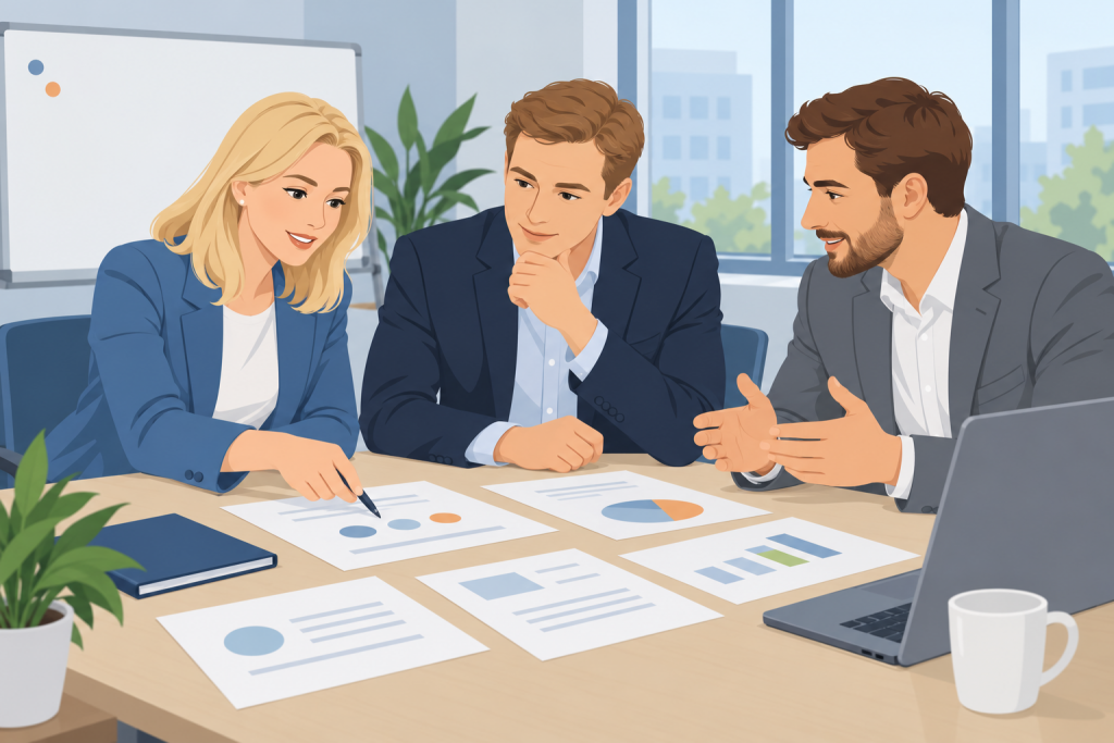 HR-специалист и руководители обсуждают результаты рабочей практики
